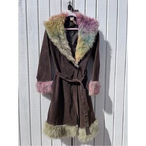 Vintage 90’s Brown Suede Multicolor Fur Penny Lane Coat SM